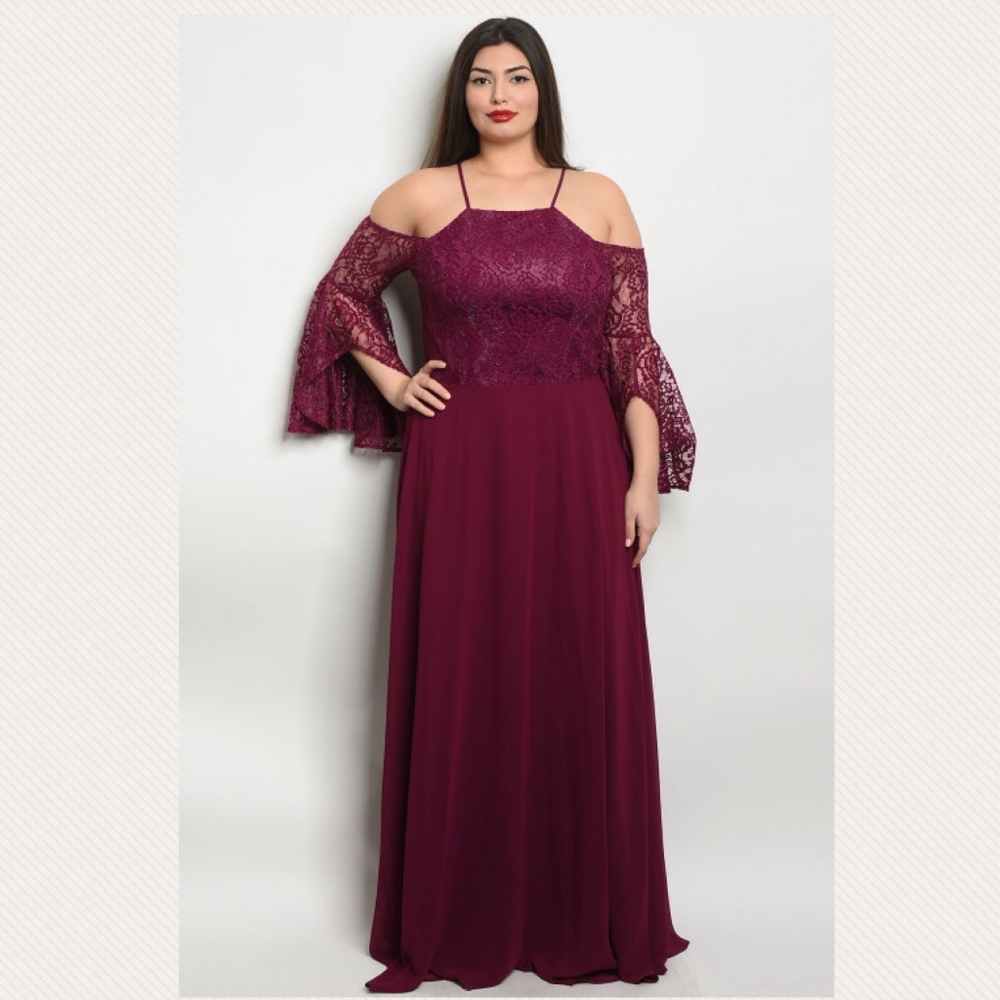 Plus Size Plum Lace Bell Sleeve Formal Gown Dress - Picture 2 of 3